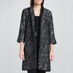 Eileen Fisher Cotton Duster Silver Black Tweed Jacket Coat Womens LP jacquard
